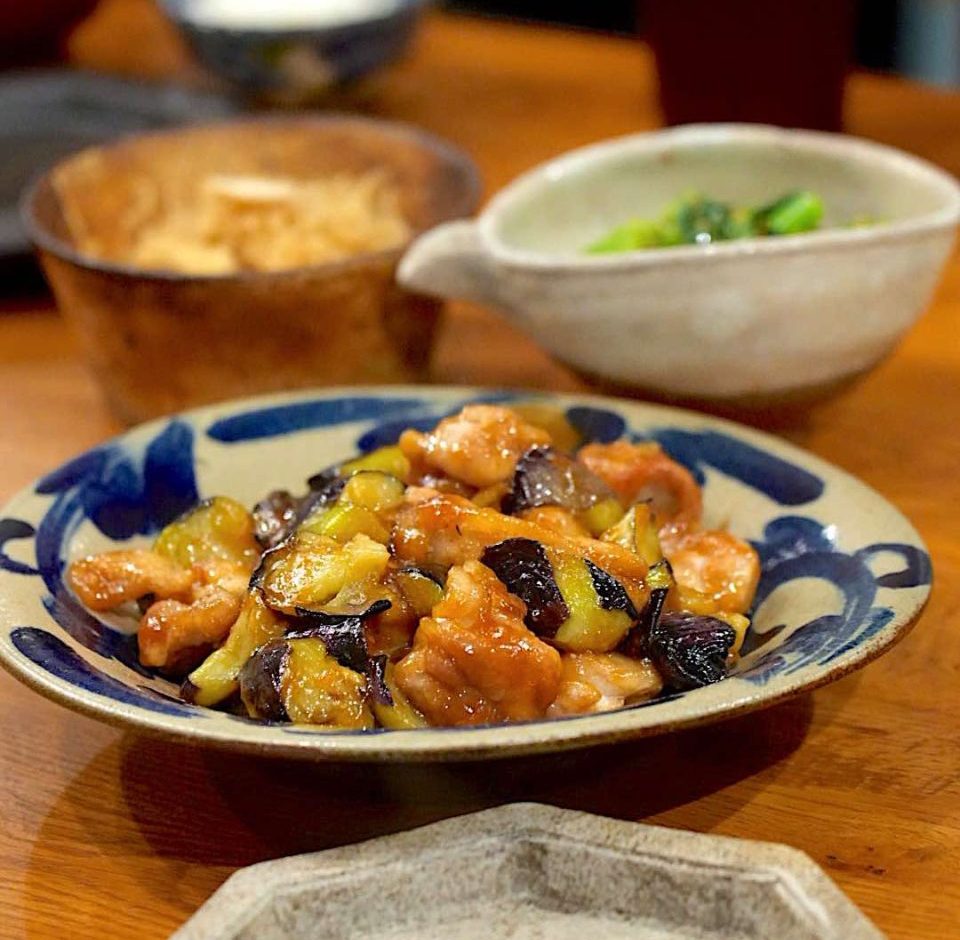 きのうの献立：鶏肉となすの甘酢炒め